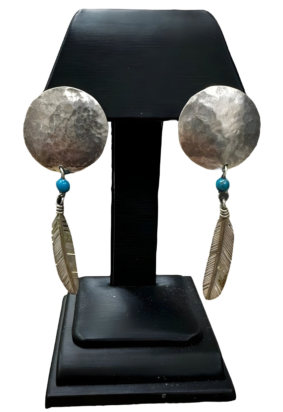 Sterling Silver Hammered Circle Turquoise Feather Earrings