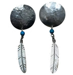 Sterling Silver Hammered Circle Turquoise Feather Earrings