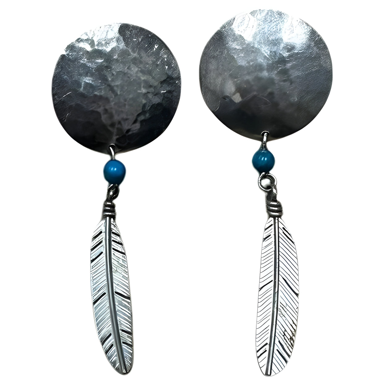 Sterling Silver Hammered Circle Turquoise Feather Earrings