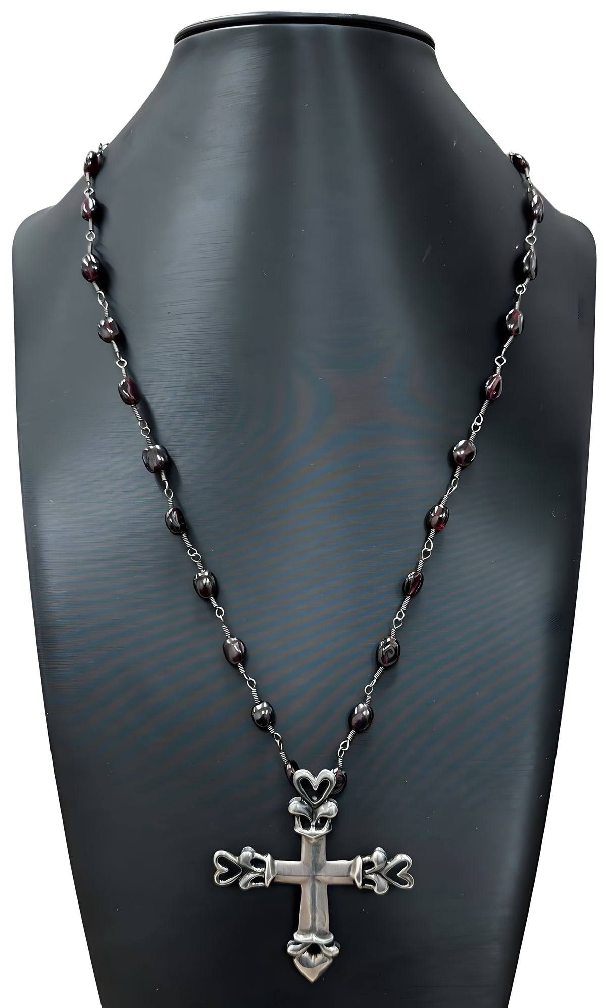 Sterling Silver Maroon Bead Cross Pendant With Heart Detailing Necklace