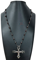 Sterling Silver Maroon Bead Cross Pendant With Heart Detailing Necklace