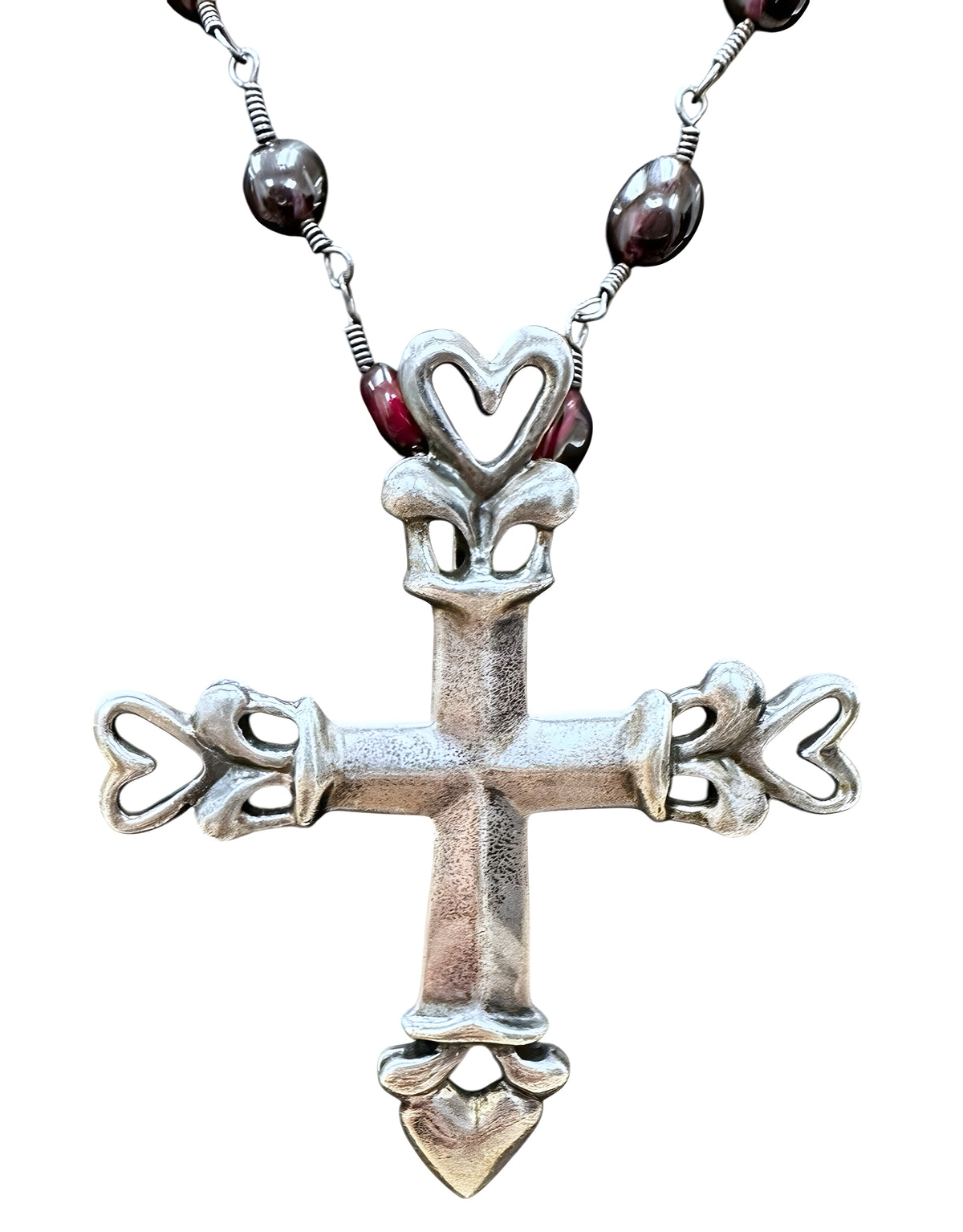 Sterling Silver Maroon Bead Cross Pendant With Heart Detailing Necklace