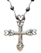 Sterling Silver Maroon Bead Cross Pendant With Heart Detailing Necklace