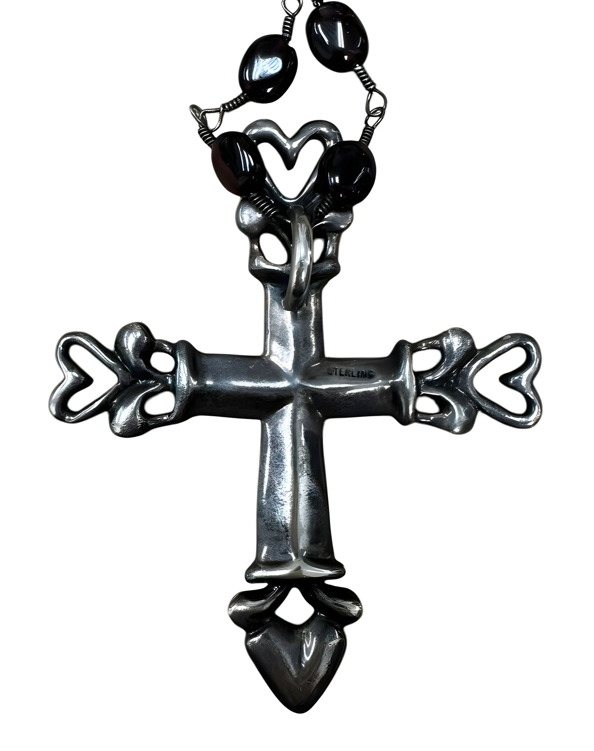 Sterling Silver Maroon Bead Cross Pendant With Heart Detailing Necklace