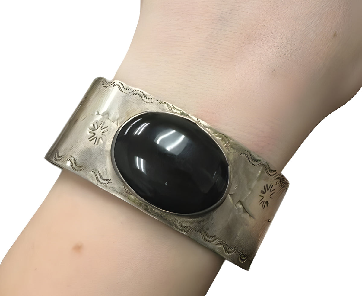 Sterling Silver Cuff Bracelet With Large Oval Black Onyx