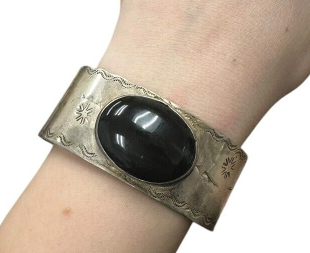 Sterling Silver Cuff Bracelet With Large Oval Black Onyx
