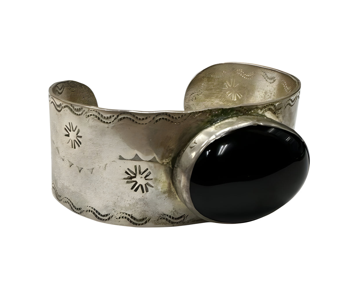 Sterling Silver Cuff Bracelet With Large Oval Black Onyx