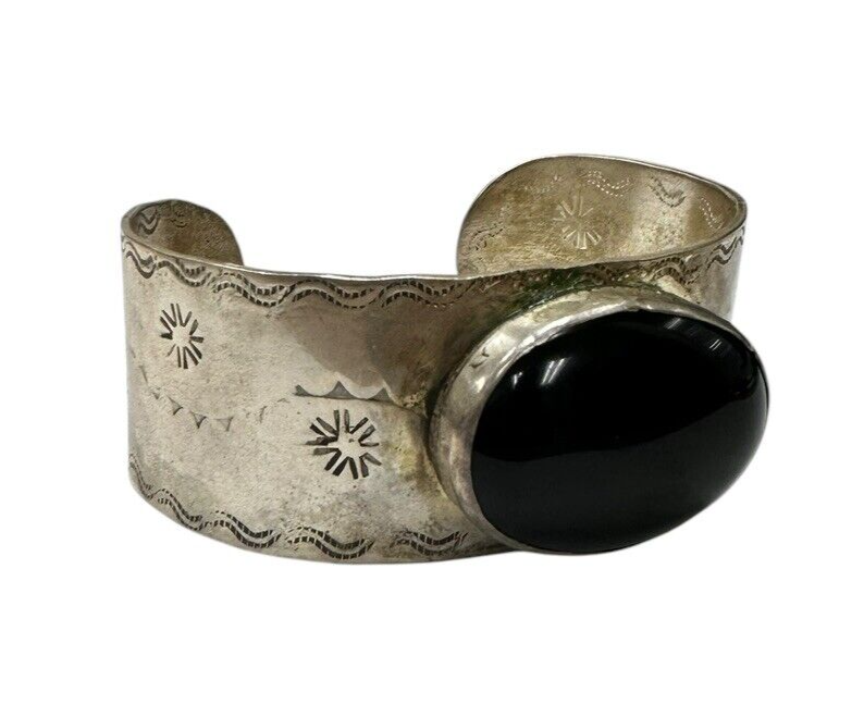 Sterling Silver Cuff Bracelet With Large Oval Black Onyx