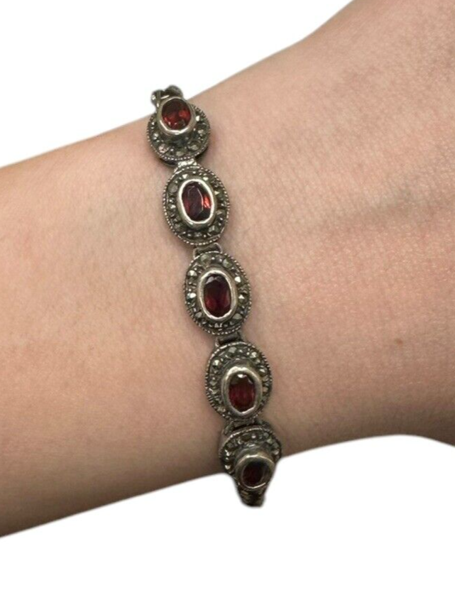 Vintage Art Deco Sterling Silver Garnet Marcasite Tennis Bracelet