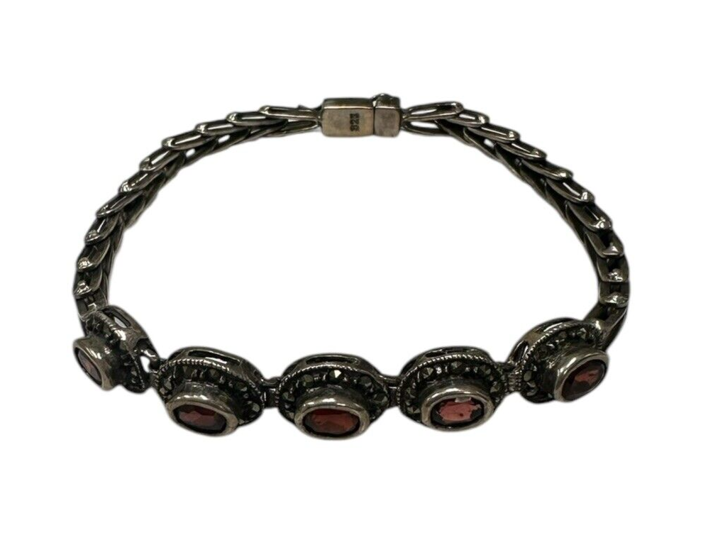 Vintage Art Deco Sterling Silver Garnet Marcasite Tennis Bracelet