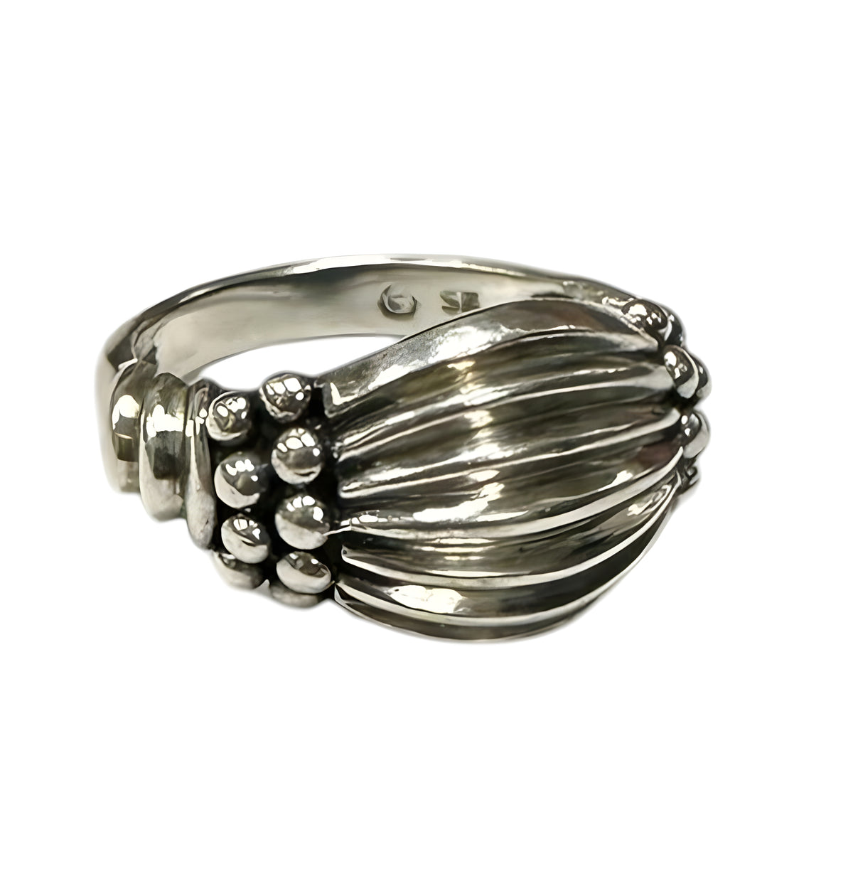 Sterling Silver Vintage Ribbed Beaded Wide Ring size 8.5