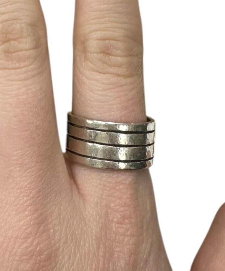 Sterling Silver Vintage Mexico Lined Wide Band Ring Size 9
