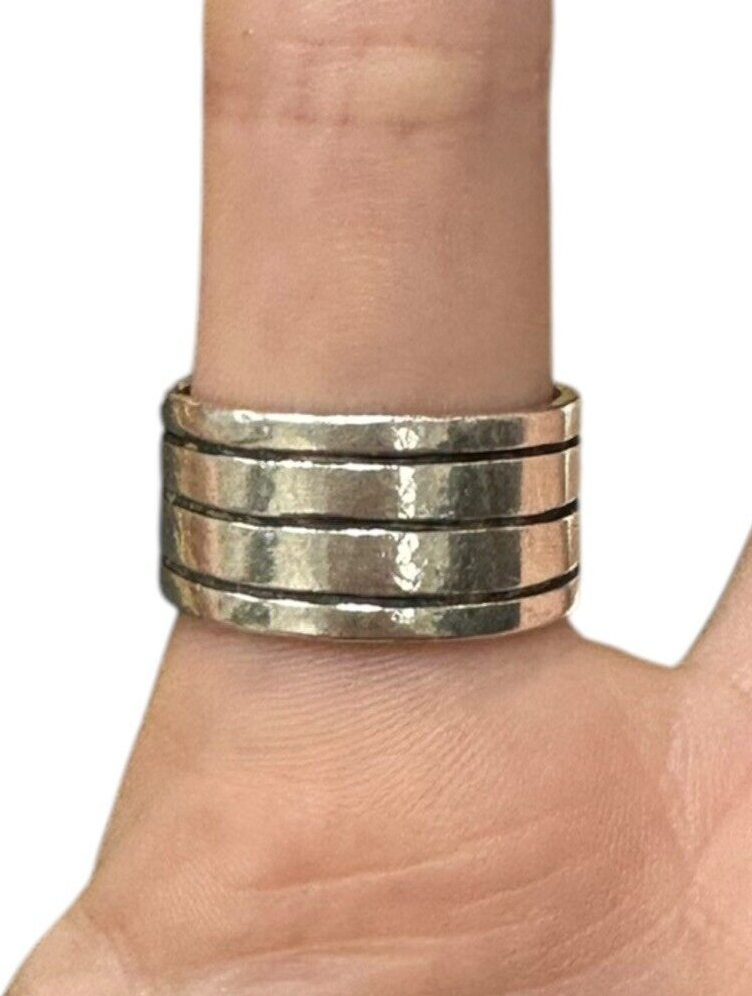 Sterling Silver Vintage Mexico Lined Wide Band Ring Size 9
