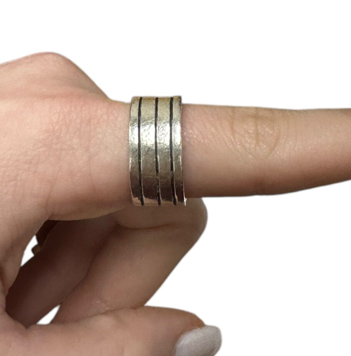 Sterling Silver Vintage Mexico Lined Wide Band Ring Size 9