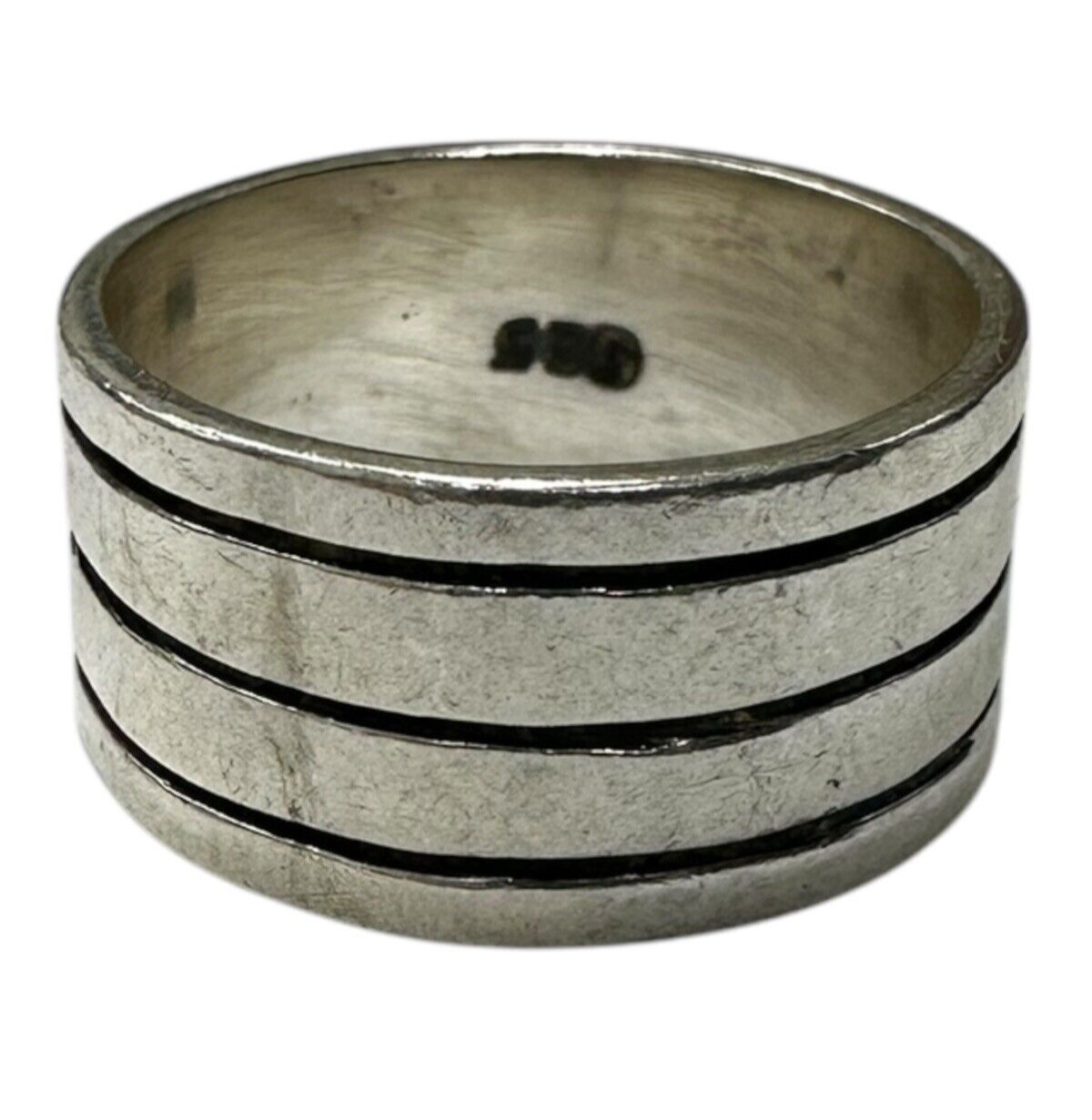 Sterling Silver Vintage Mexico Lined Wide Band Ring Size 9