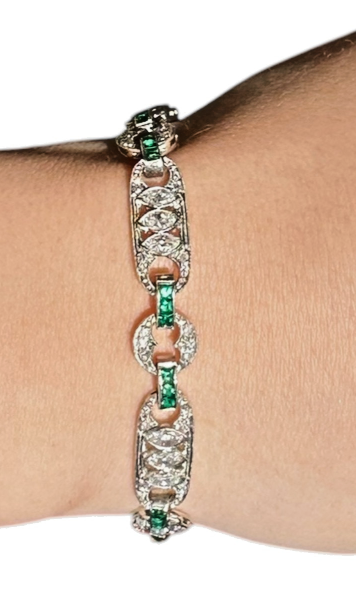 1930's Platinum and 1.90 ctw Diamond Bracelet with 1.00ctw of Emeralds