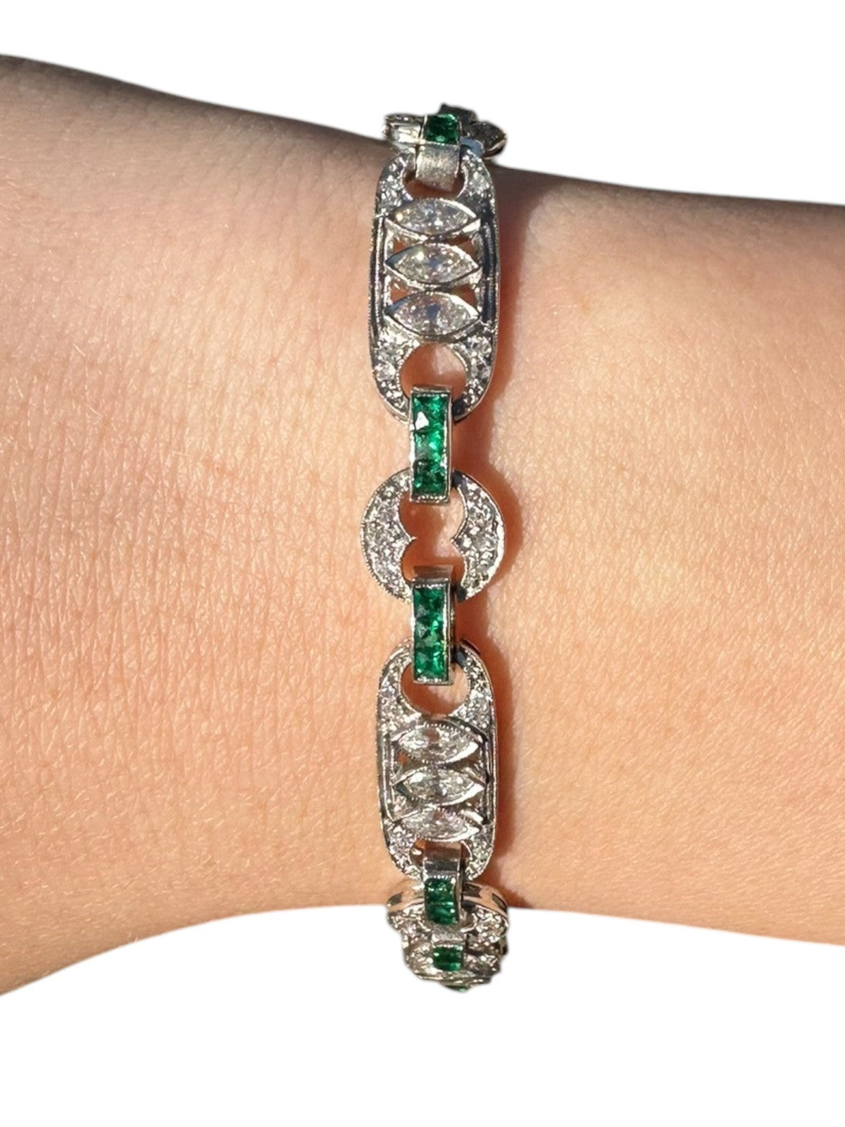 1930's Platinum and 1.90 ctw Diamond Bracelet with 1.00ctw of Emeralds