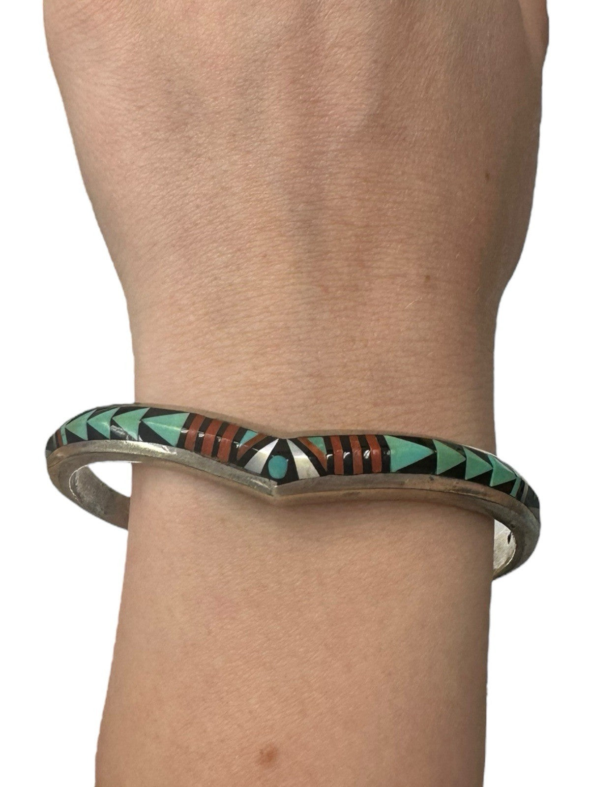 Sterling Silver R.A.B.Q Inlay Chevron Cuff Bracelet