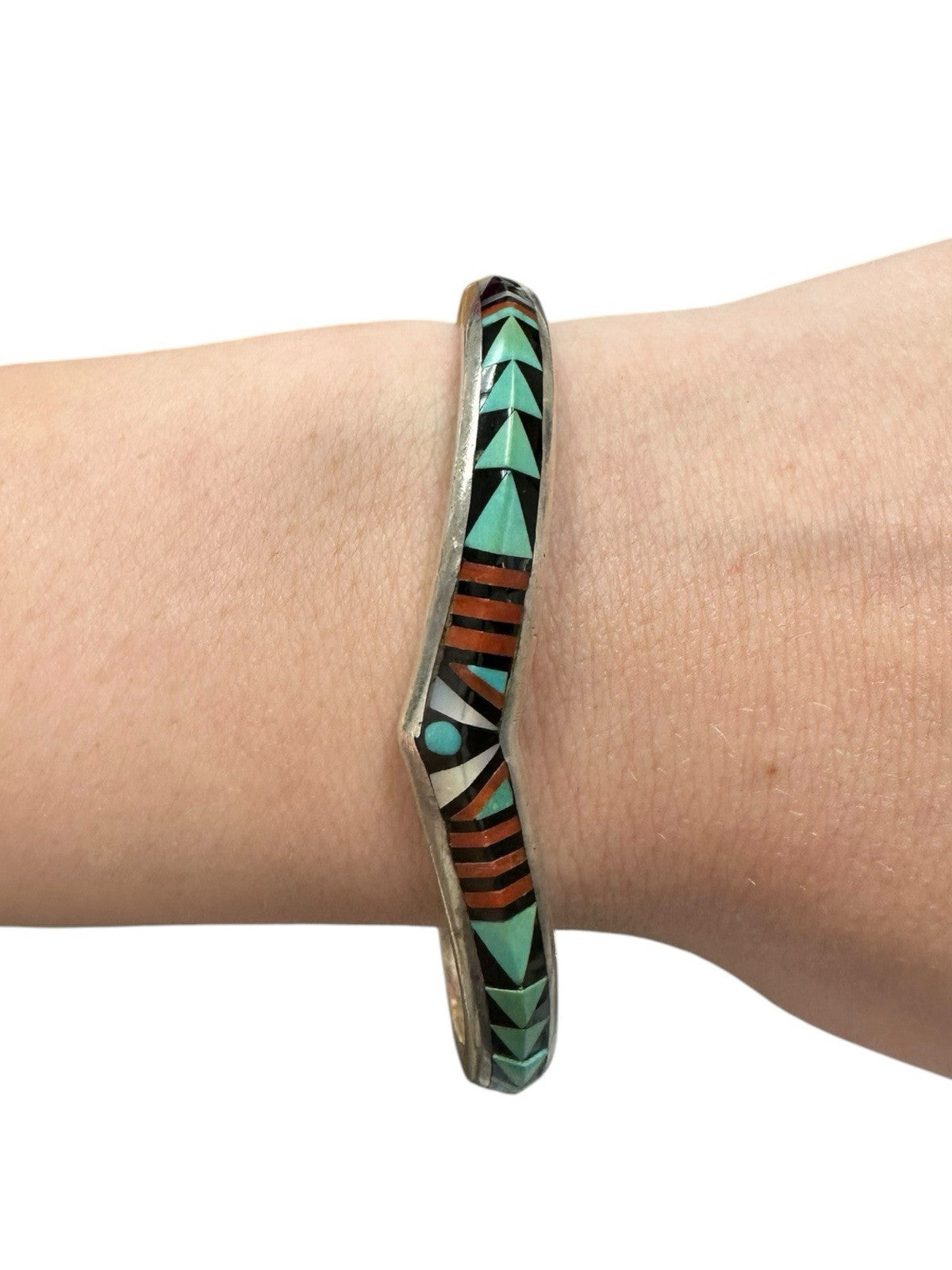 Sterling Silver R.A.B.Q Inlay Chevron Cuff Bracelet