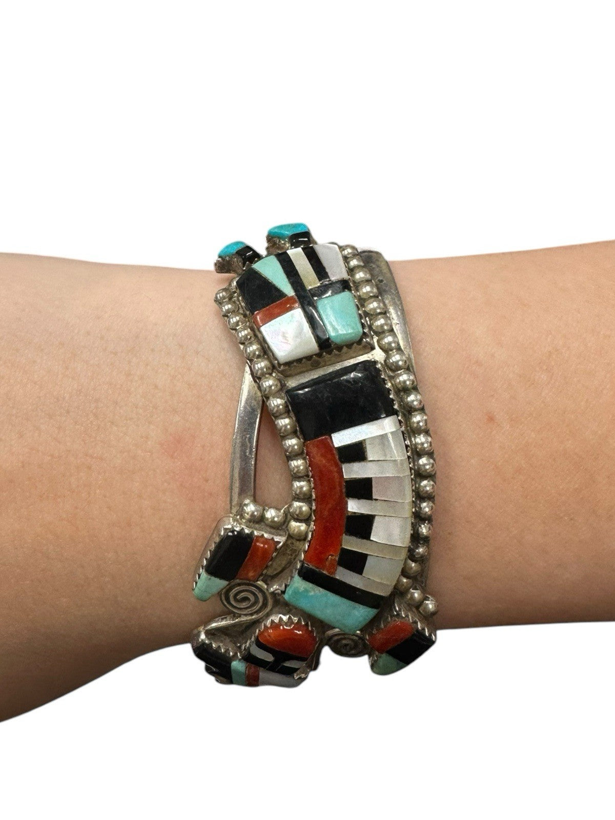Vintage Zuni Inlay Cuff Bracelet by Herman Cecellicion | Kachina Sterling Silver