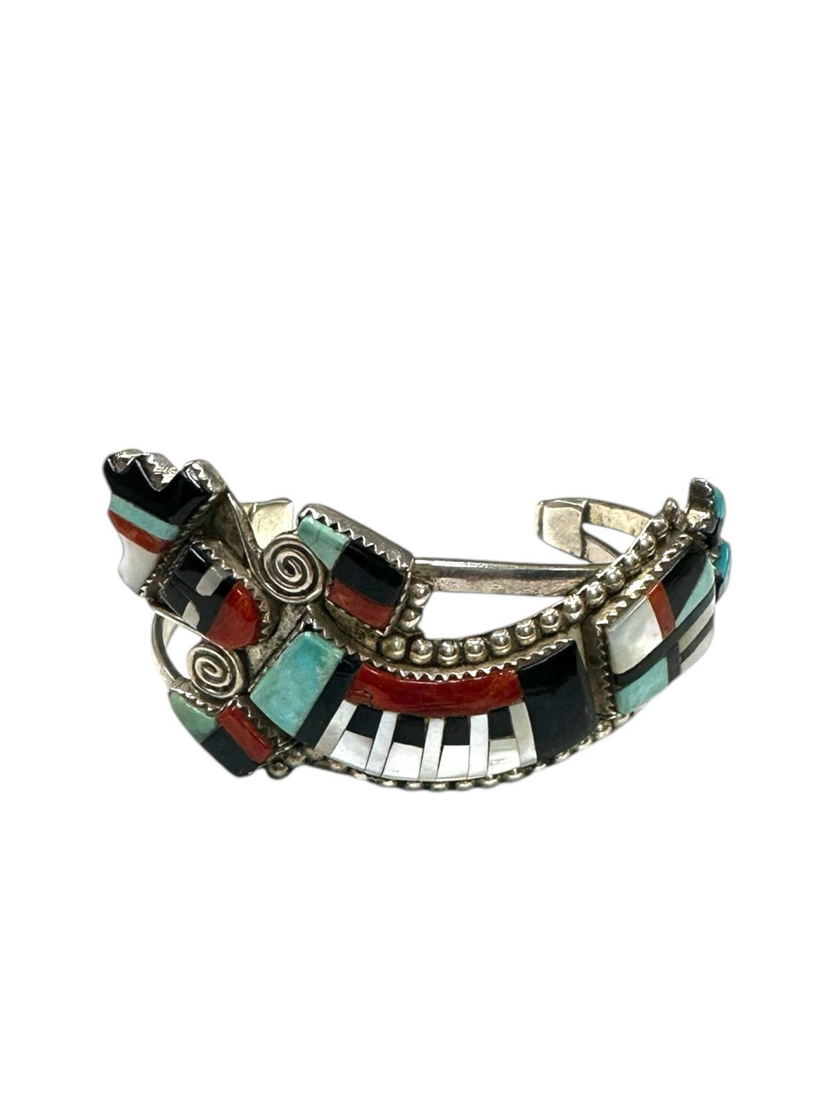 Vintage Zuni Inlay Cuff Bracelet by Herman Cecellicion | Kachina Sterling Silver