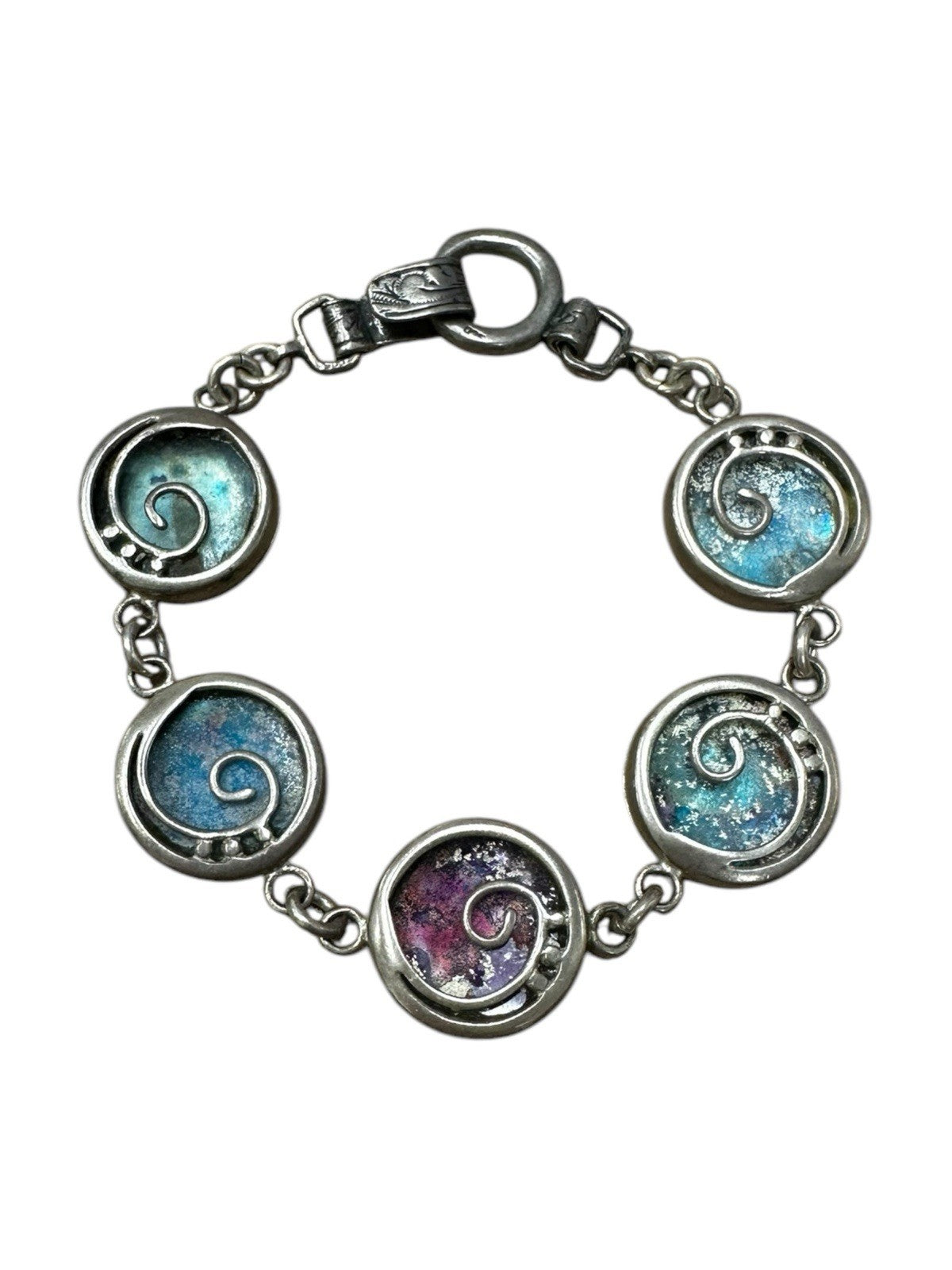Sterling Silver Spiral Design Roman Glass Bracelet