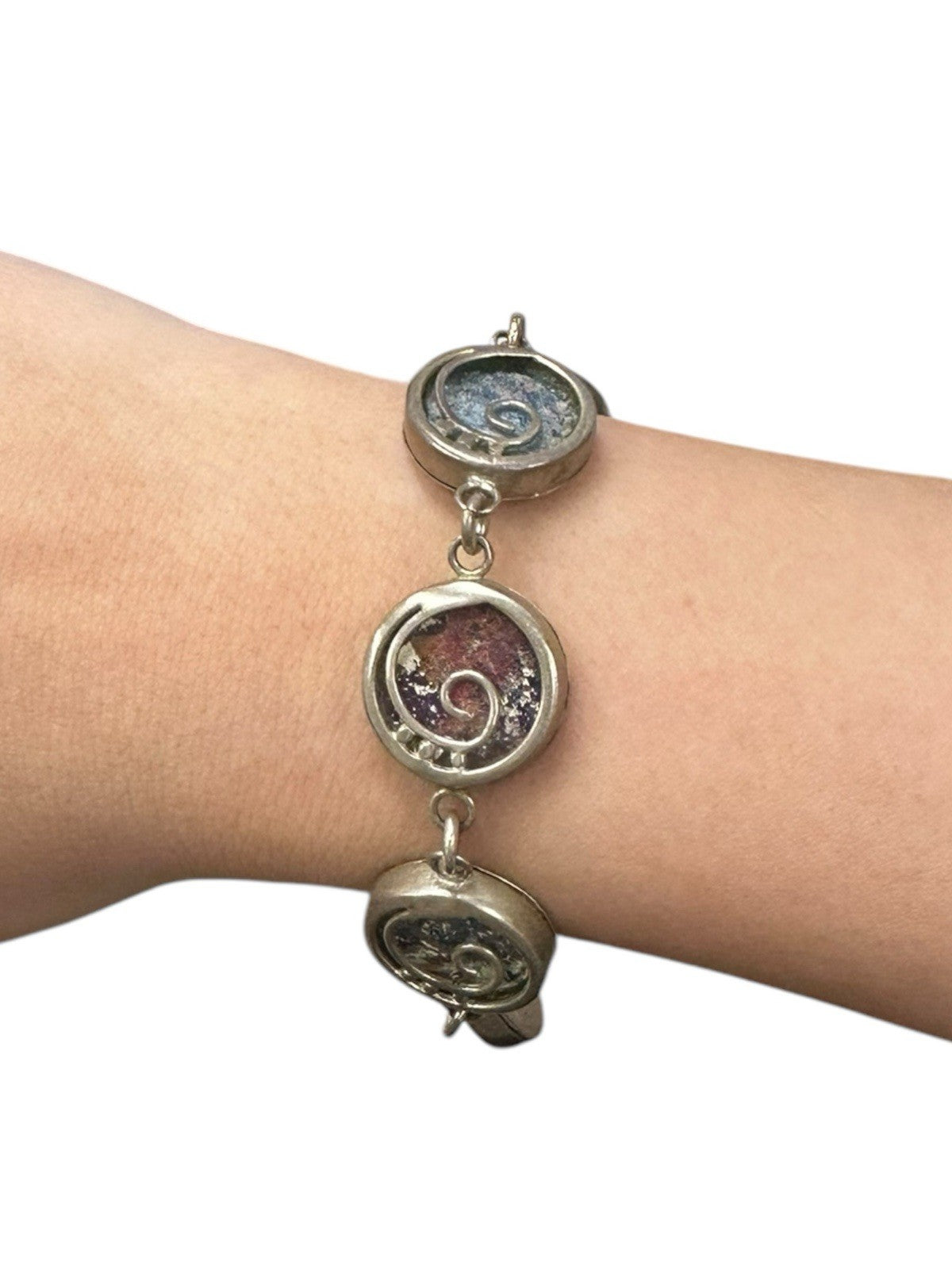 Sterling Silver Spiral Design Roman Glass Bracelet