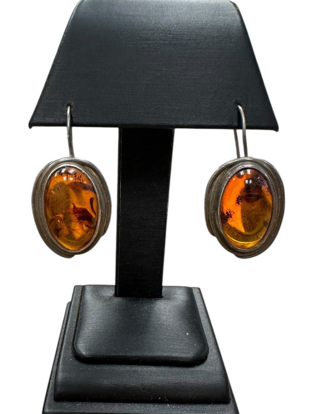 Sterling Silver And Baltic Amber Oval Drop Earrings