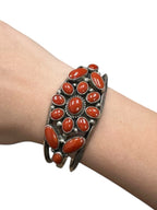 Sterling Silver Navajo Red Coral Cluster Cuff Bracelet