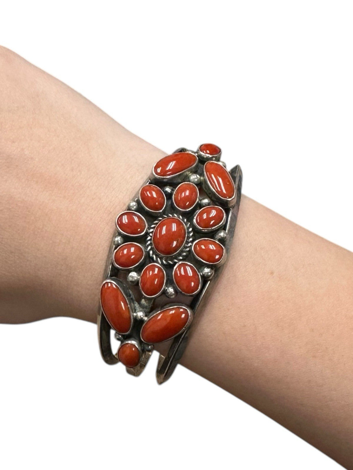 Sterling Silver Navajo Red Coral Cluster Cuff Bracelet