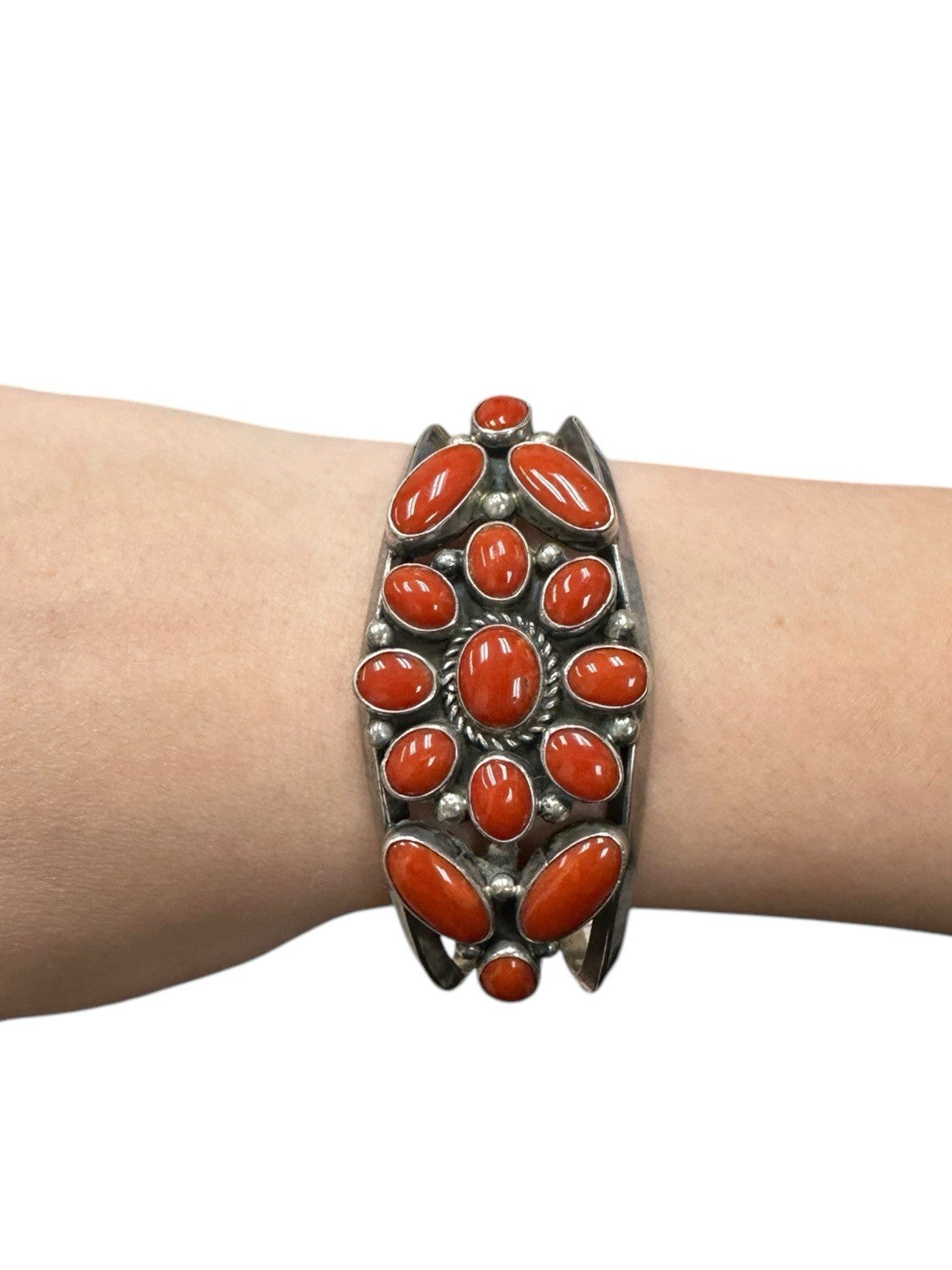 Sterling Silver Navajo Red Coral Cluster Cuff Bracelet