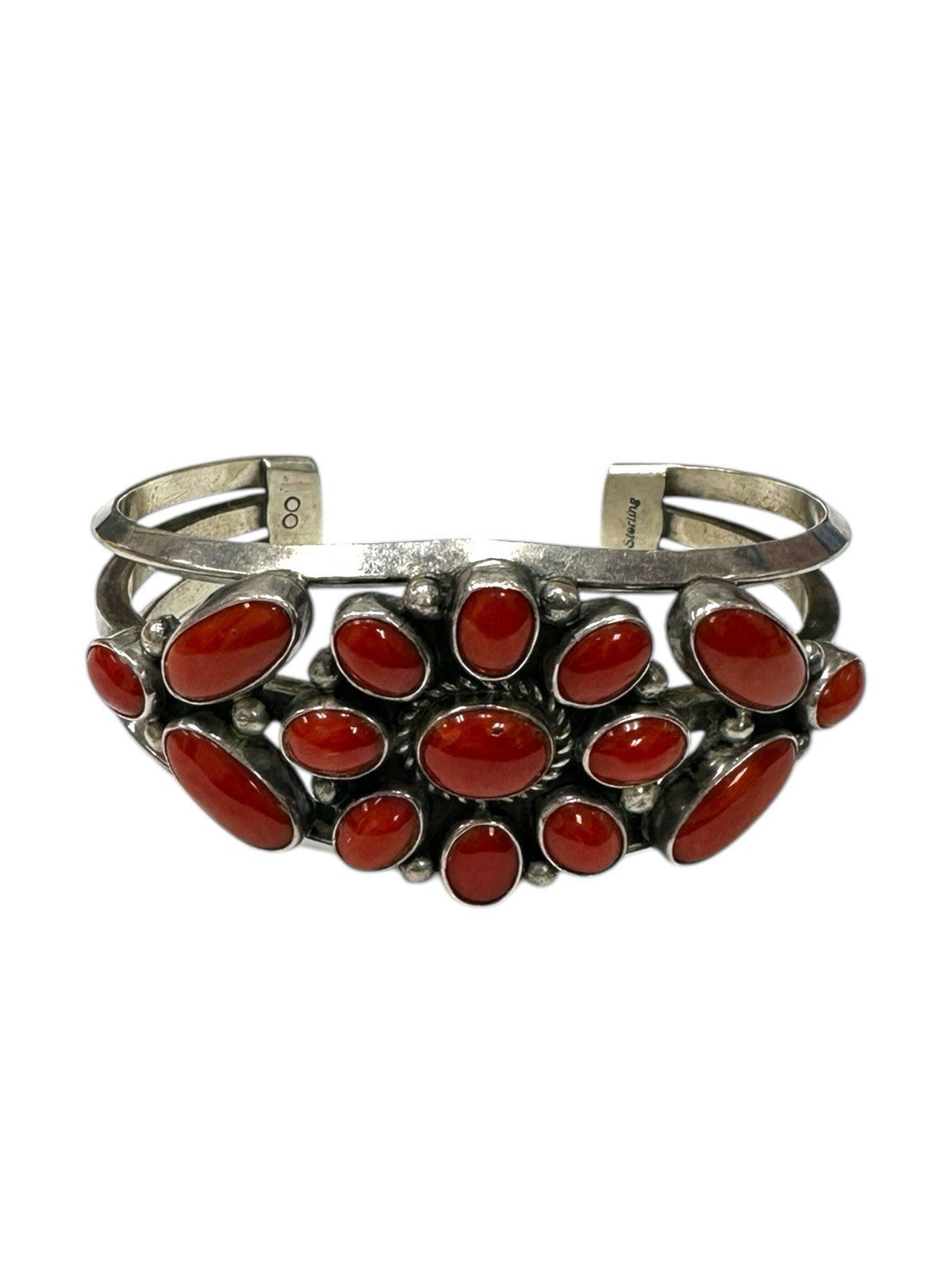 Sterling Silver Navajo Red Coral Cluster Cuff Bracelet
