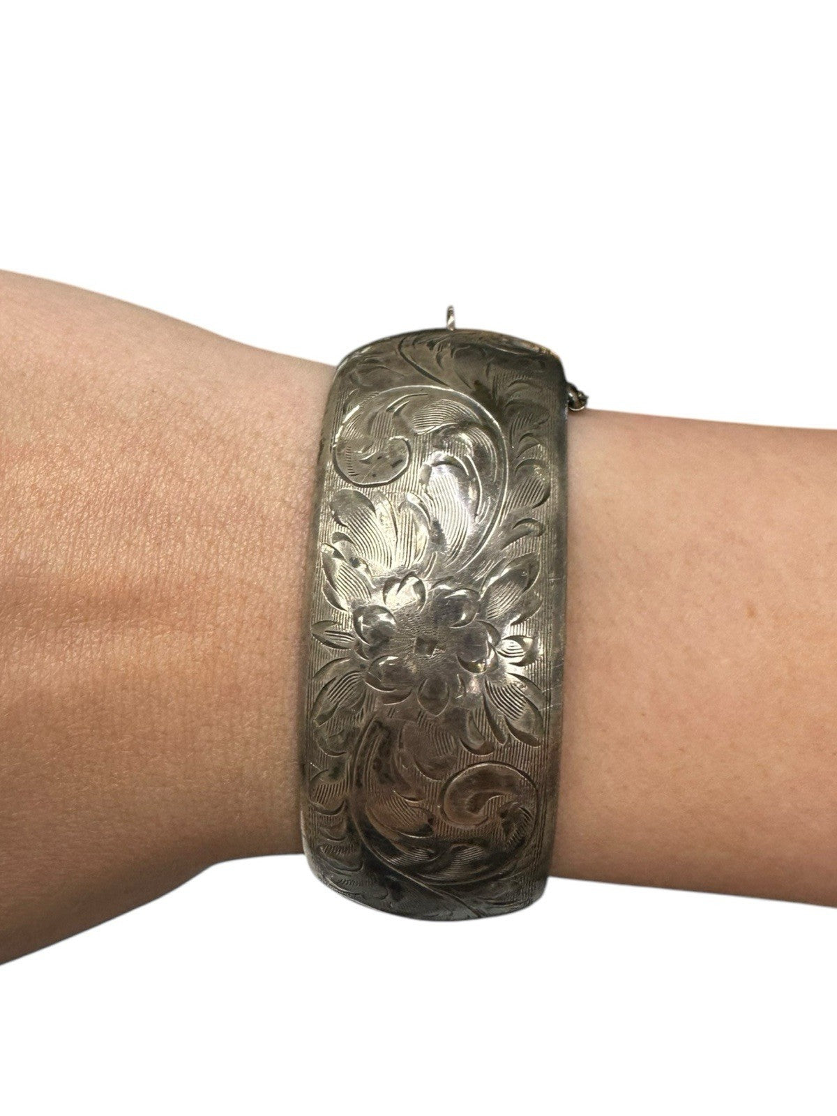 Binder Bros Sterling Silver Floral Engraved Hinged Bangle Bracelet