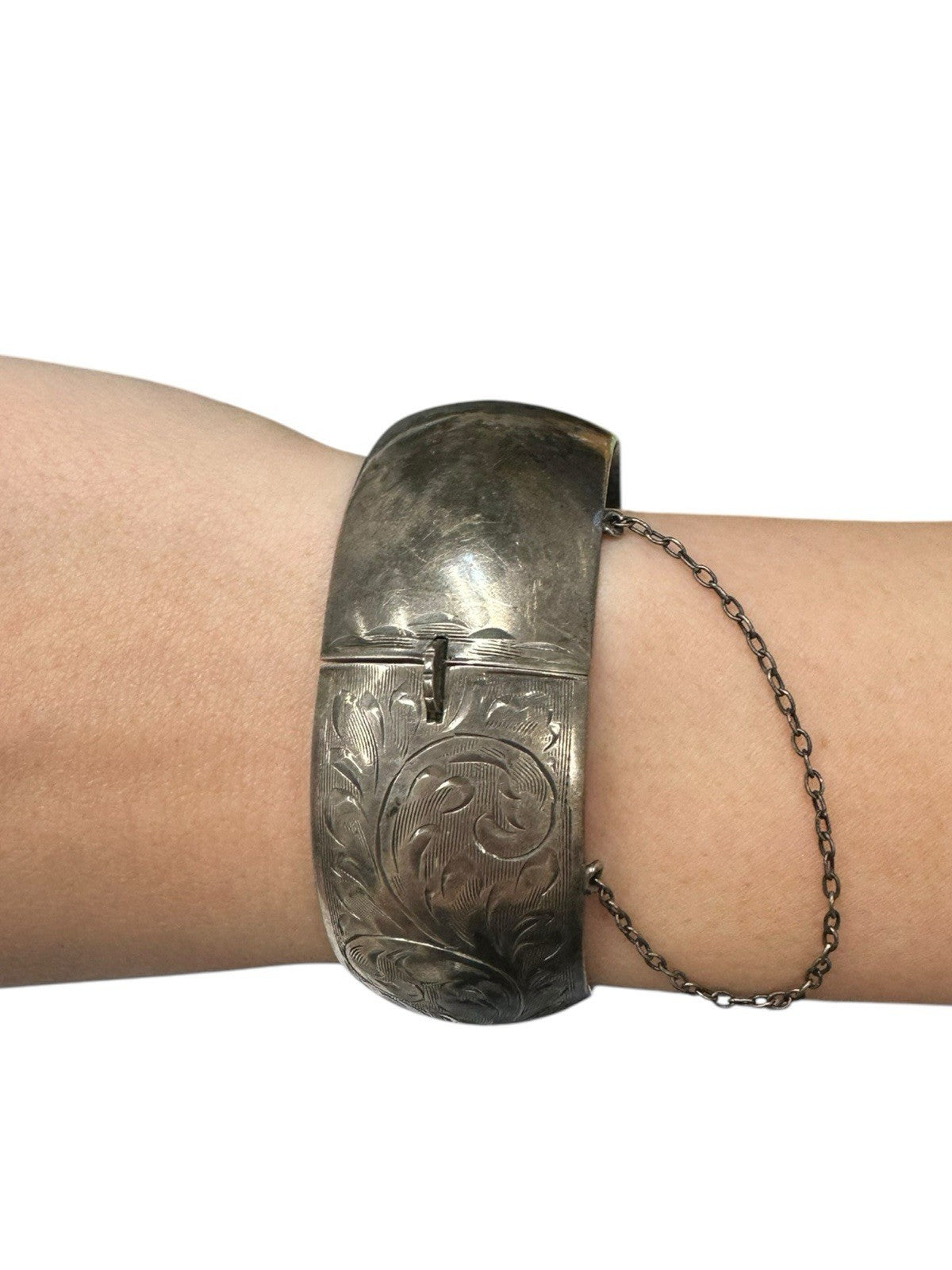 Binder Bros Sterling Silver Floral Engraved Hinged Bangle Bracelet