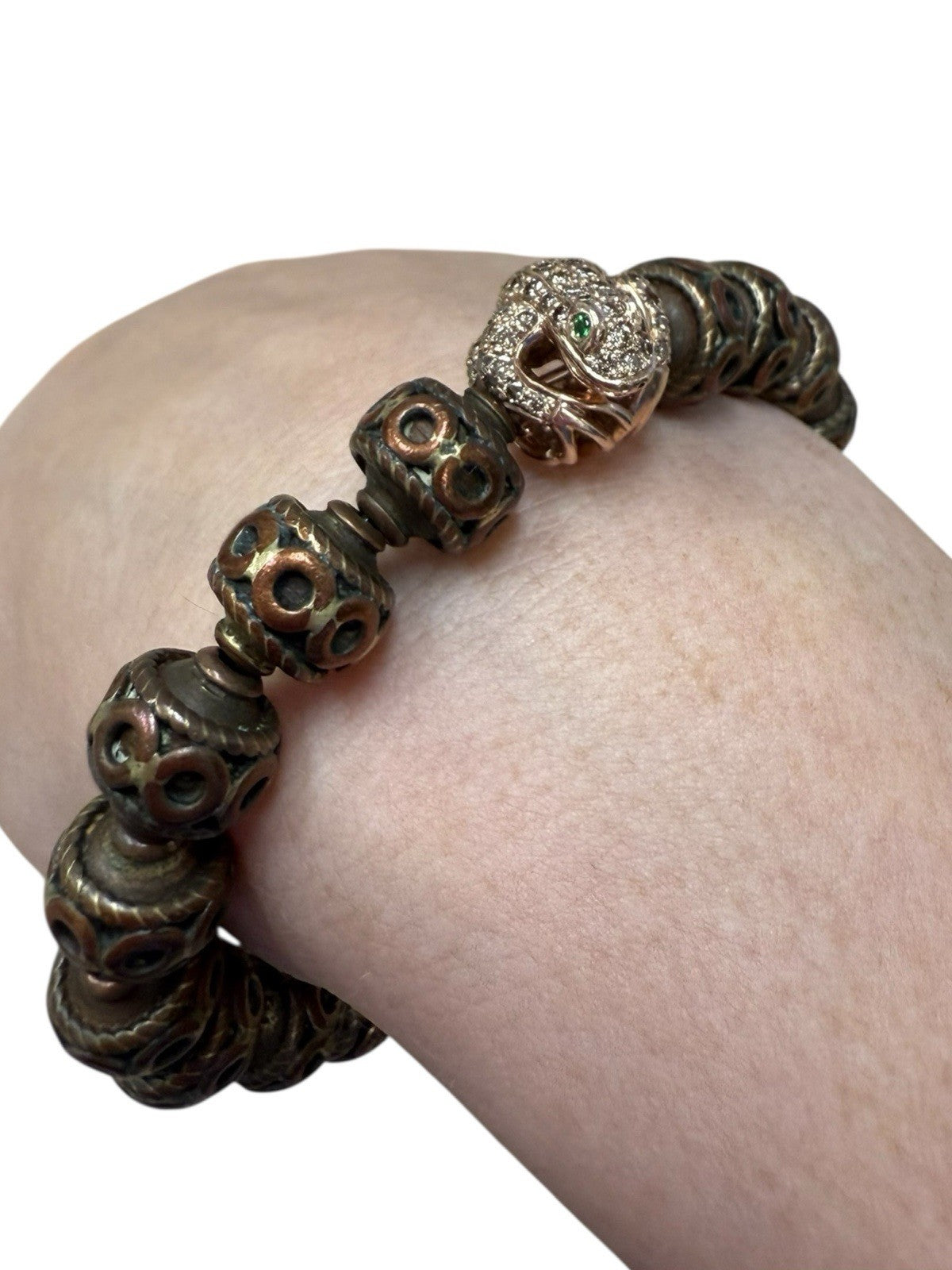 14k Rose Gold Diamond Frog Bead And Copper Bead Bracelet