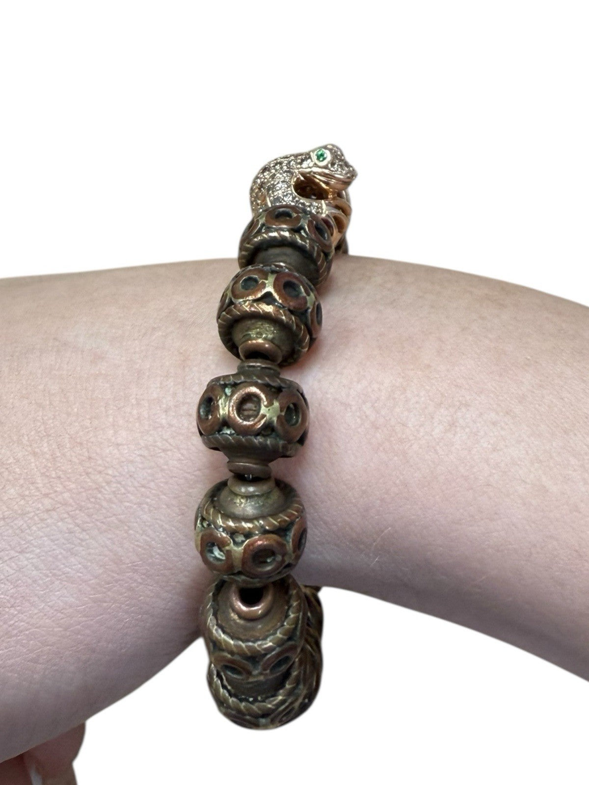14k Rose Gold Diamond Frog Bead And Copper Bead Bracelet