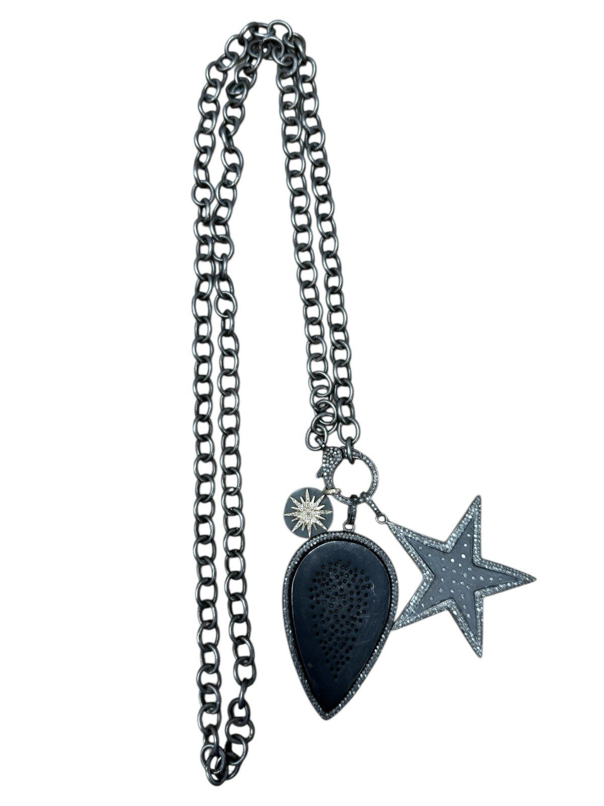 Drop Pendant Necklace in Oxidized Sterling Silver & 14k Gold with Diamonds