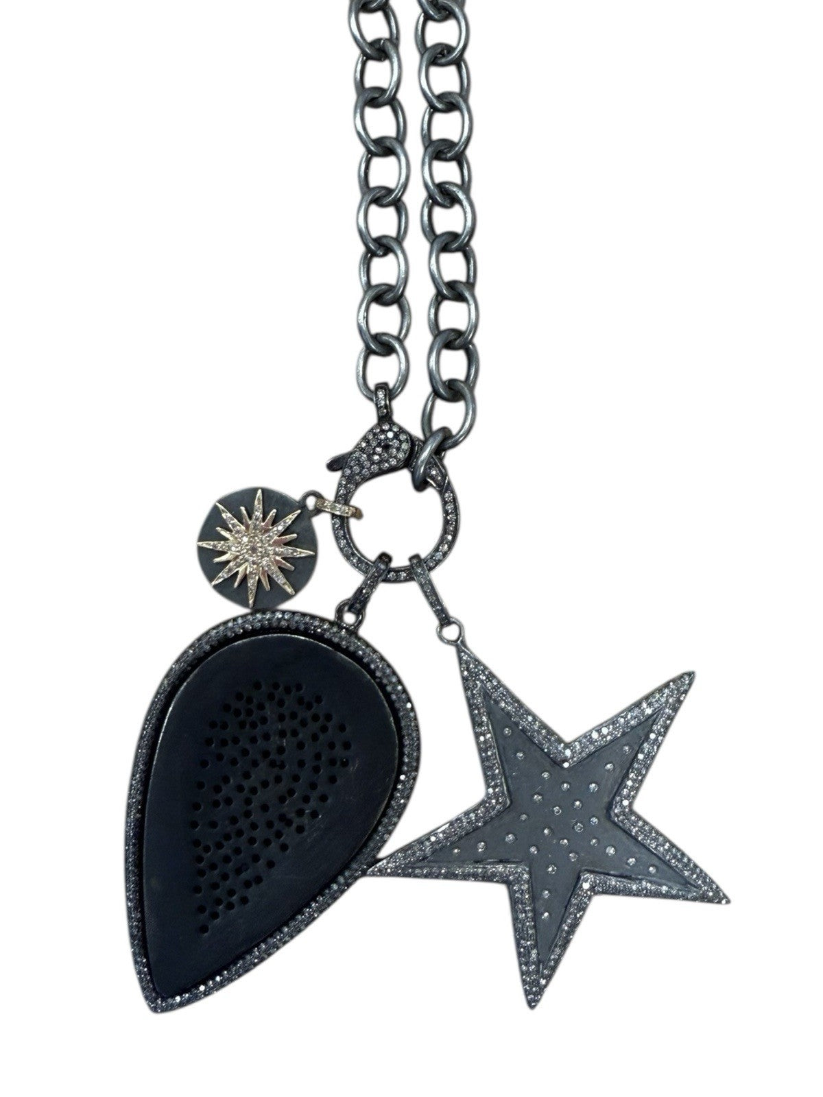 Drop Pendant Necklace in Oxidized Sterling Silver & 14k Gold with Diamonds