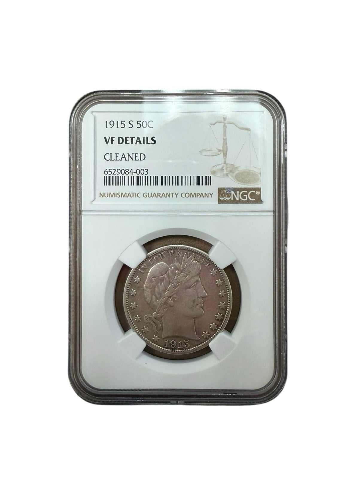 1915-S Barber Half Dollar 50C VF Details Cleaned