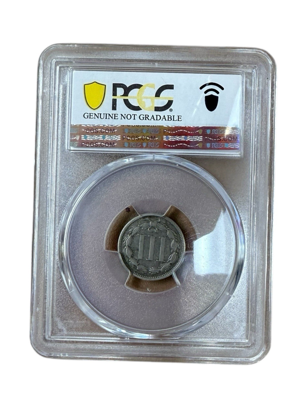 1866 Three Cent Nickel PCGS Genuine Corrosion Removed-F Detail