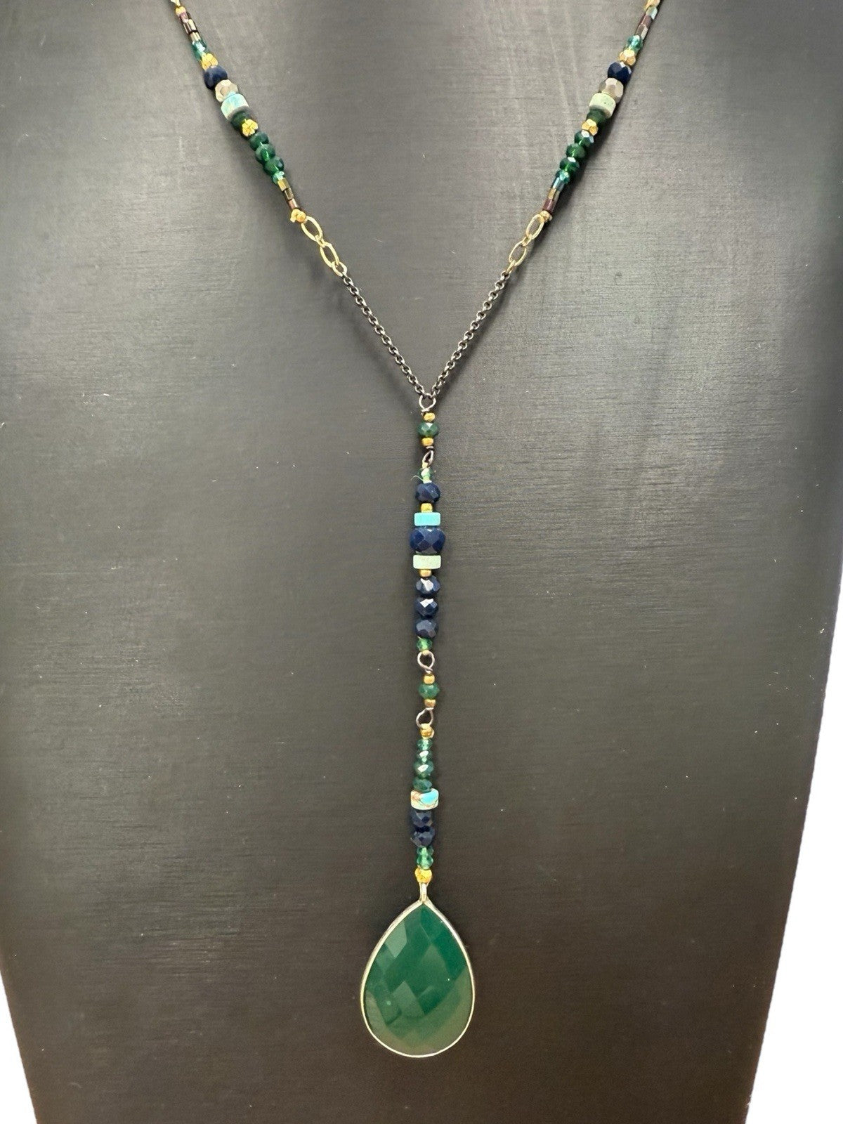 Nakamol Boho Layered Beaded Necklace with Green Teardrop Gemstone Pendant