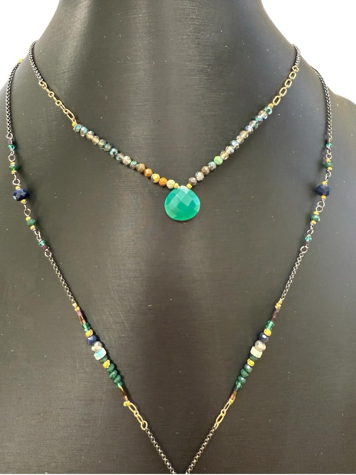 Nakamol Boho Layered Beaded Necklace with Green Teardrop Gemstone Pendant