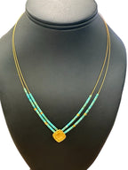 Turquoise Beaded Double Strand Necklace with Gold Square Pendant