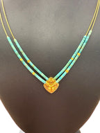 Turquoise Beaded Double Strand Necklace with Gold Square Pendant