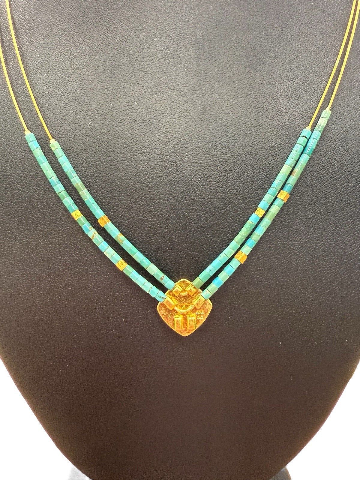 Turquoise Beaded Double Strand Necklace with Gold Square Pendant