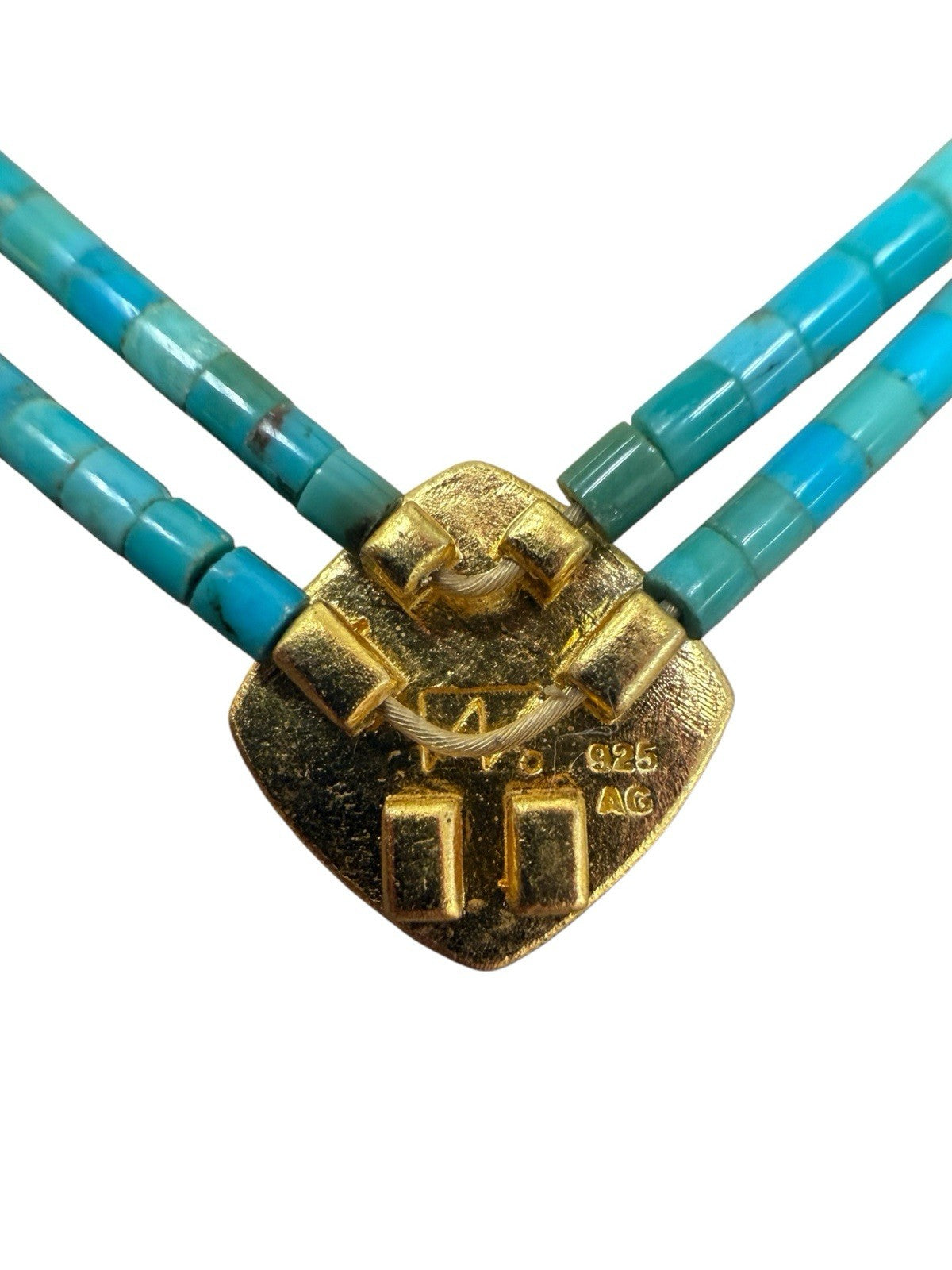 Turquoise Beaded Double Strand Necklace with Gold Square Pendant