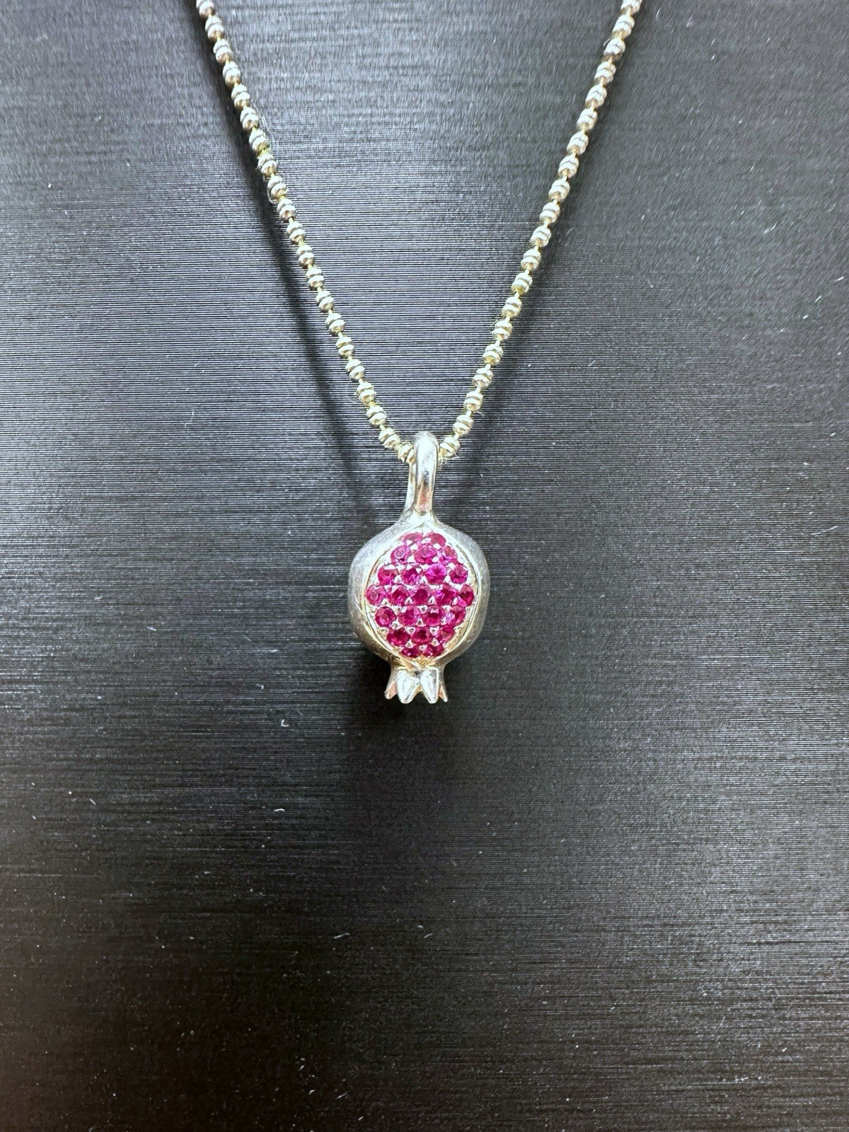 Sterling Silver Pomegranate Pendant Necklace with Pink Stones