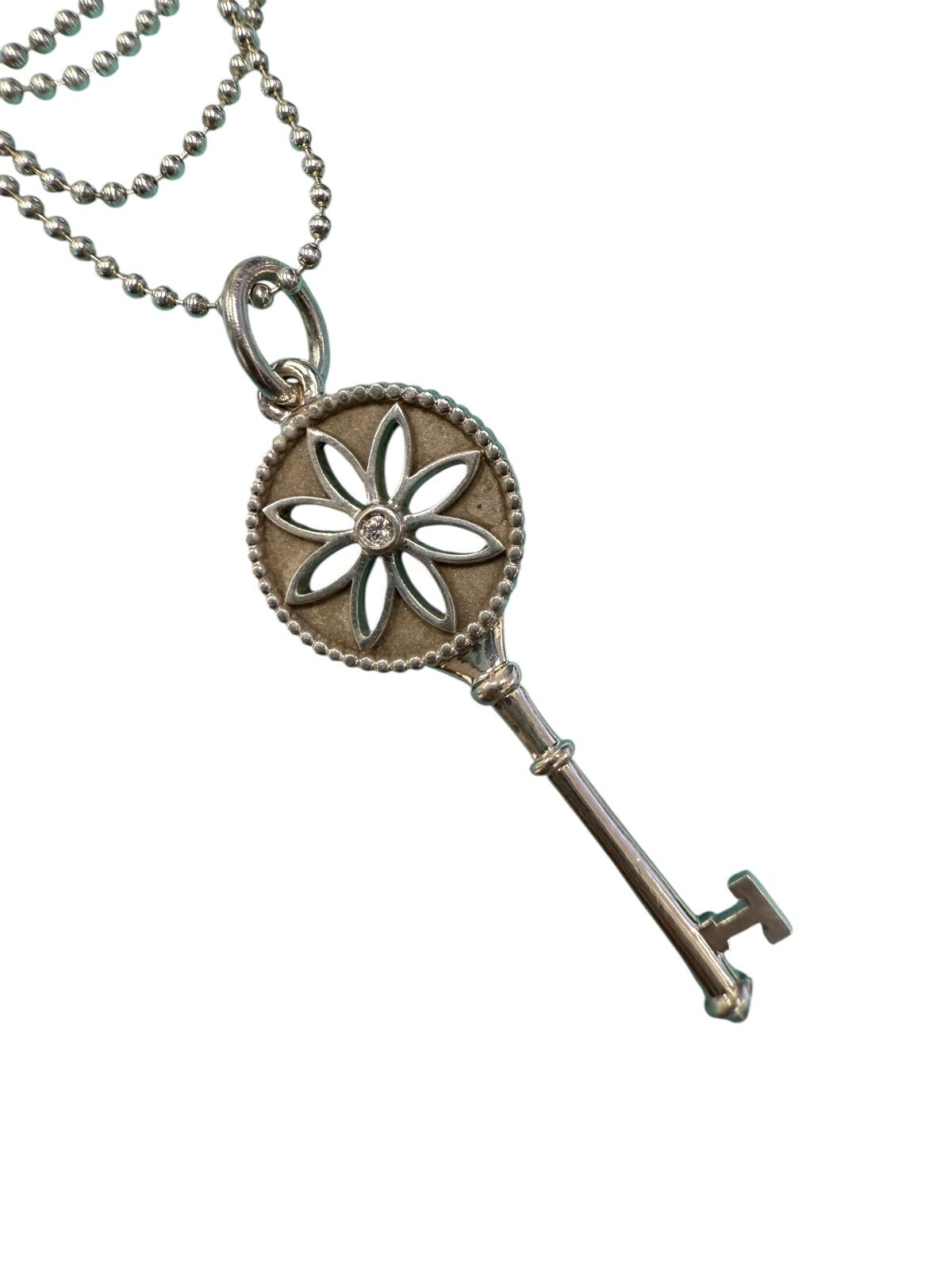 Tiffany and Co. 925 and Diamond Daisy Key Charm Pendant Necklace 30in