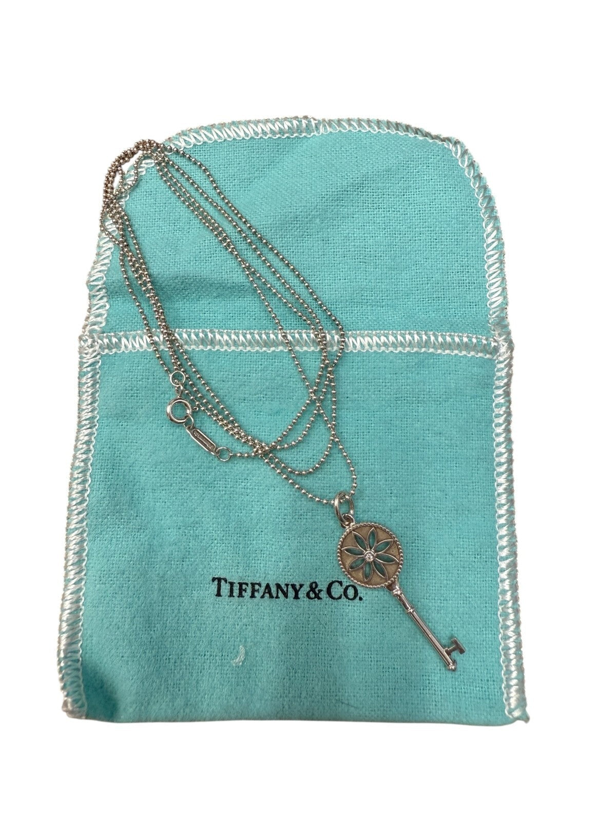 Tiffany and Co. 925 and Diamond Daisy Key Charm Pendant Necklace 30in