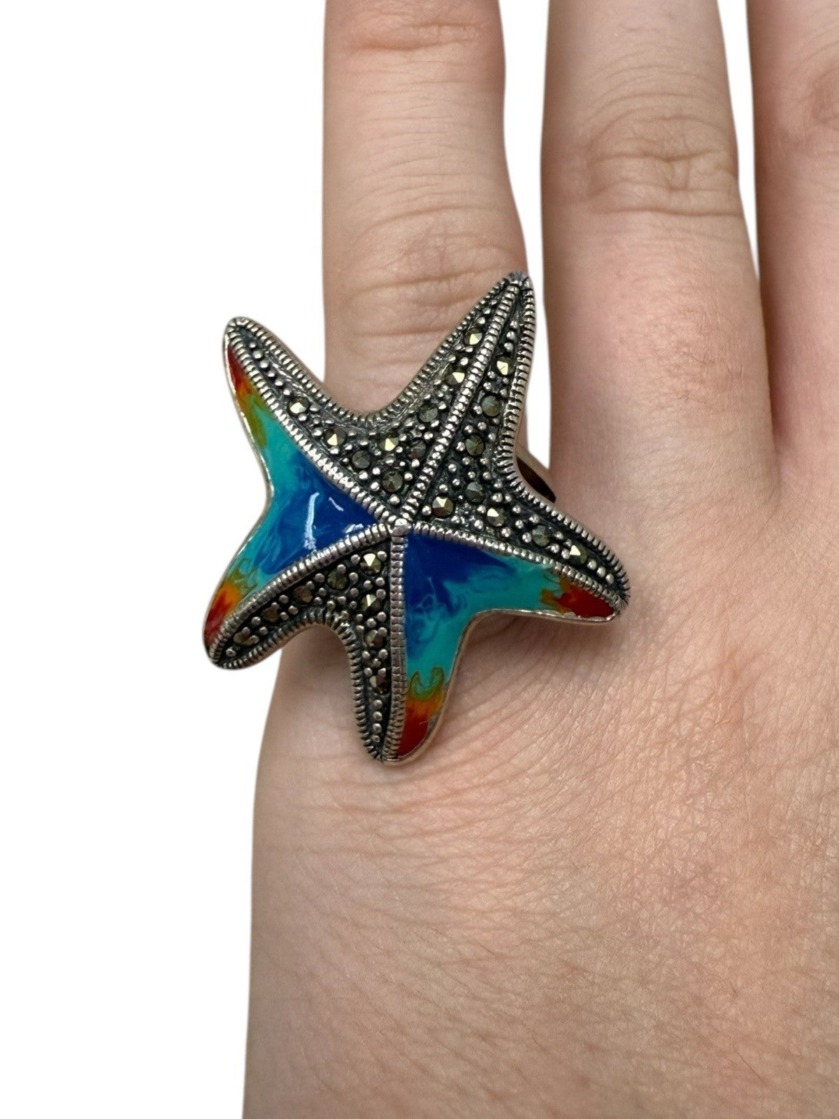 Sterling Silver Starfish Ring With Stones And Colored Inlay